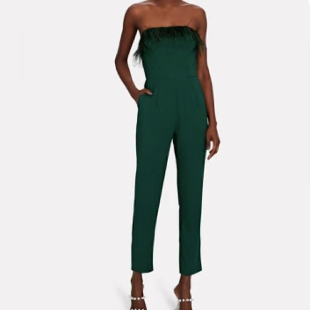 Saylor Lelaina‎ Strapless Feather Trim Jumpsuit In Evergreen, Christmas fit
